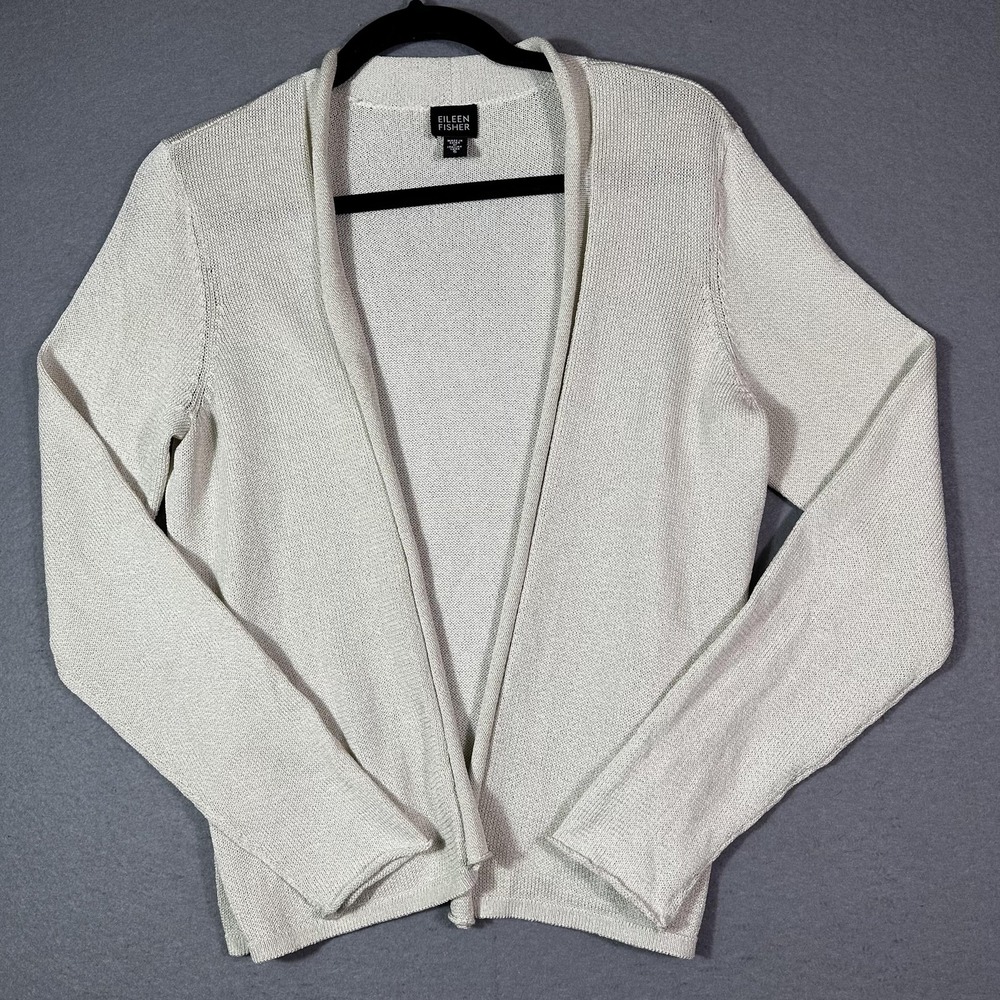 Eileen Fisher Cardigan Sweater Womens Small Beige Nylon Cotton Knit Open Front